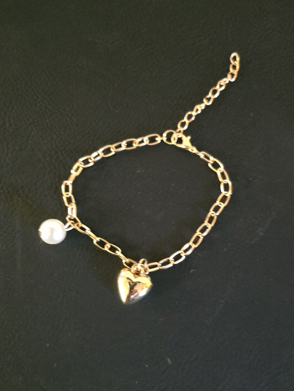 Gold Heart Charm Bracelet with Pearl Accent